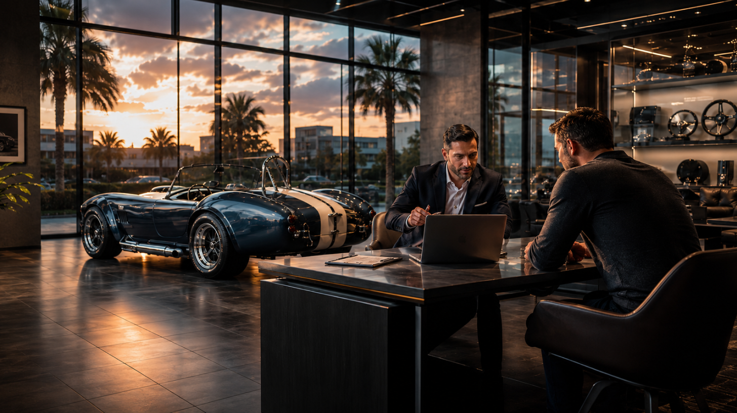 Two people reviewing financing paperwork at a desk in the Hinderer showroom