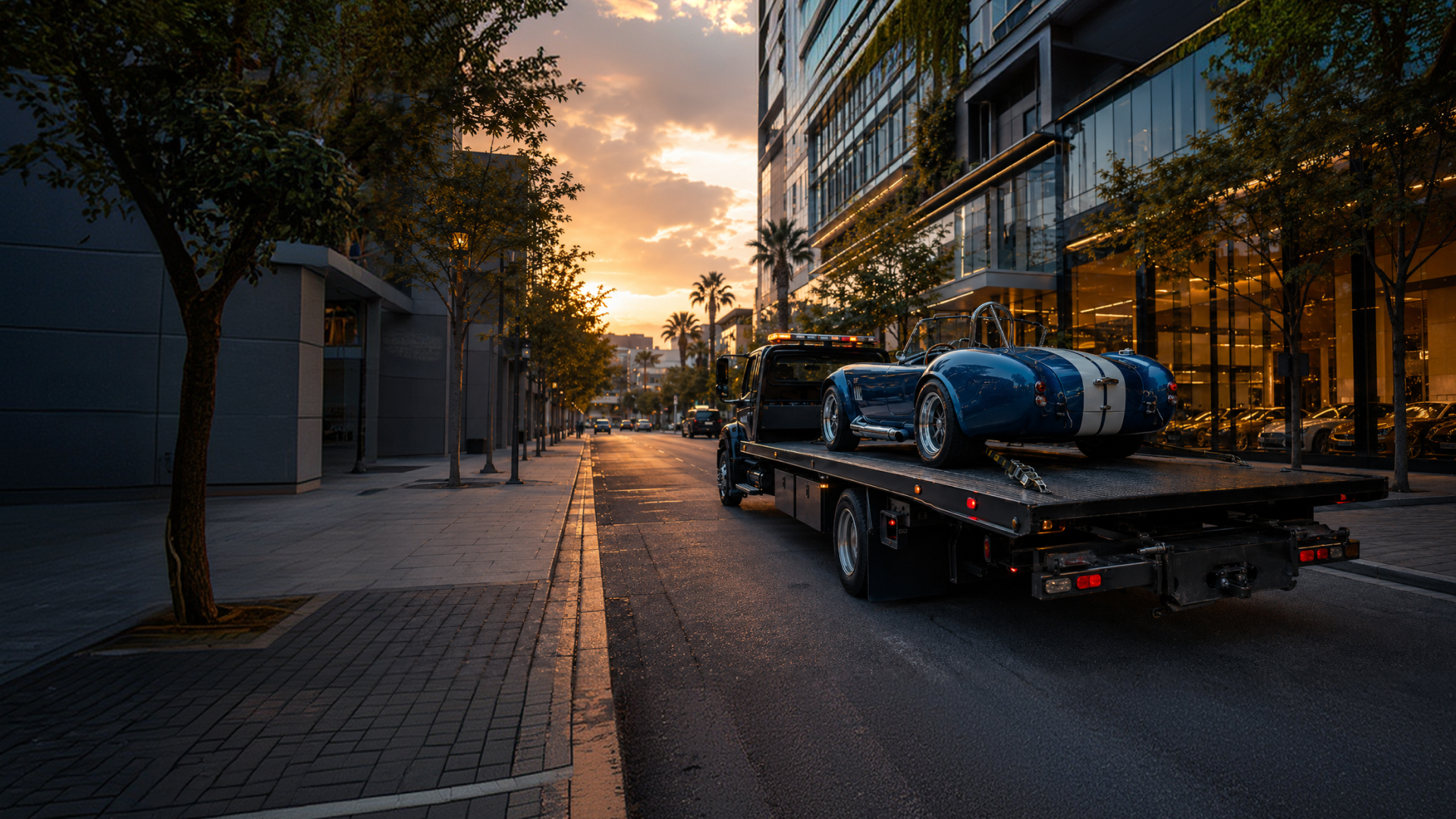 A red roadster being loaded onto an enclosed transporter at dusk