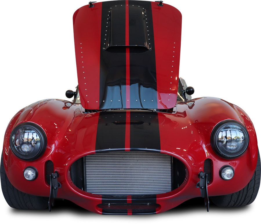 A red Backdraft roadster with twin white racing stripes, seen head-on