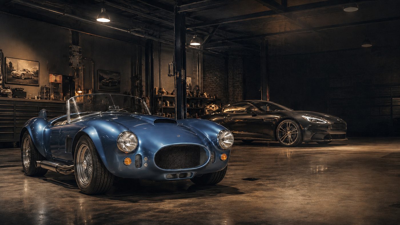 A blue roadster and a modern coupé standing together in the lit Hinderer workshop.